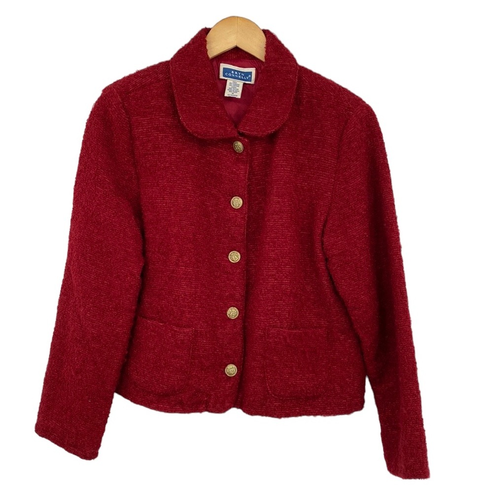 3/$20 Bryn Connelly Button Textured Jacket Women Size Medium Red Gold Velour